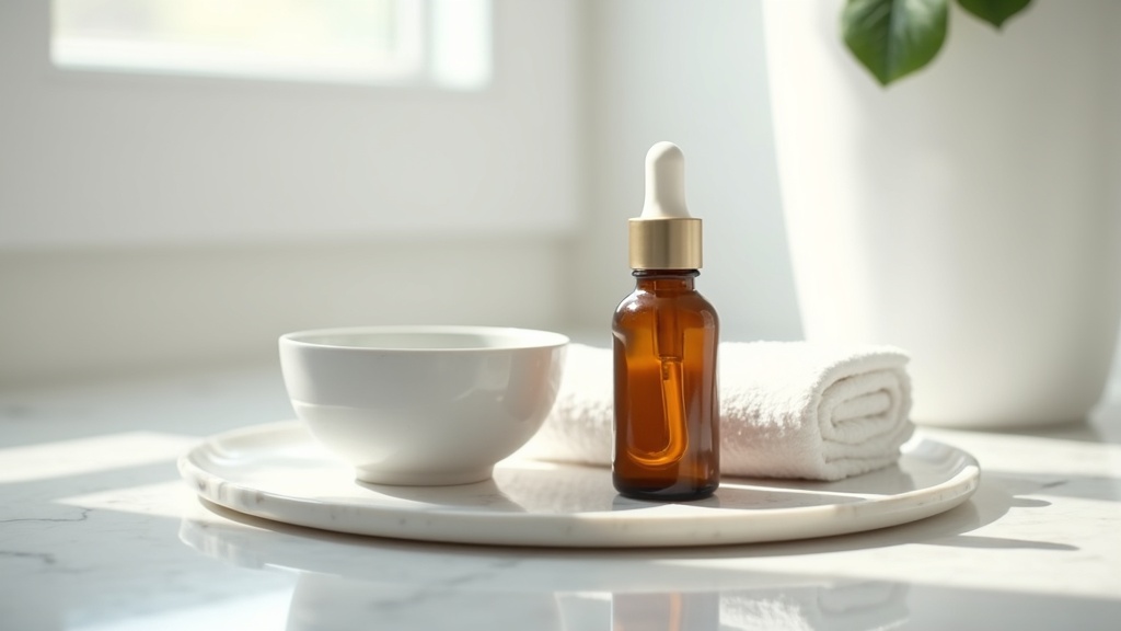 A small glass bottle of peel solution with gauze and a fine brush on a clean marble tray