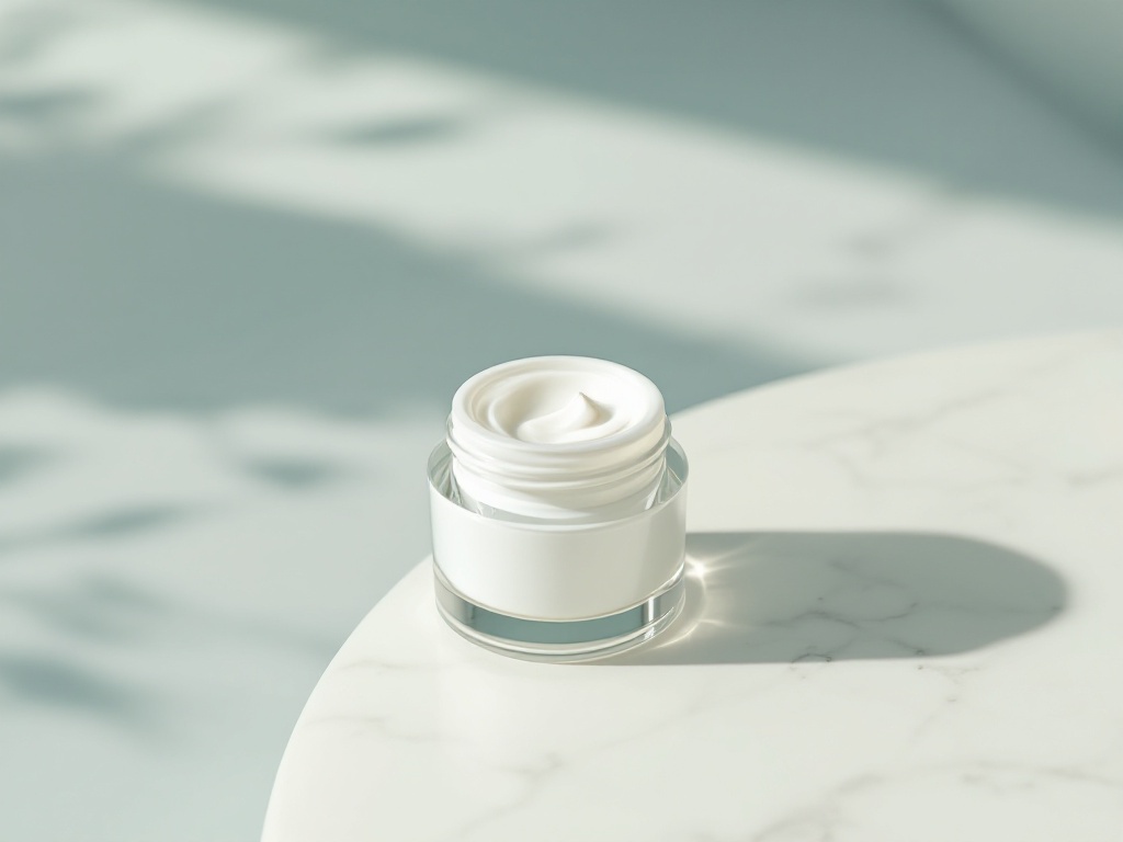 An open jar of under-eye cream with a small dab on a clean marble surface