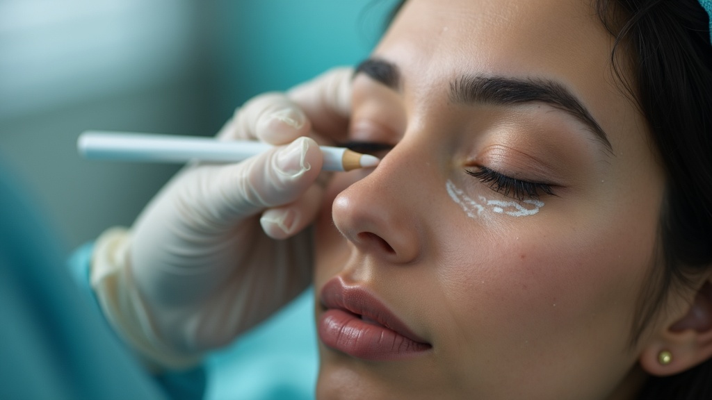 A surgeon's gloved hands marking the under-eye area of a draped patient before surgery