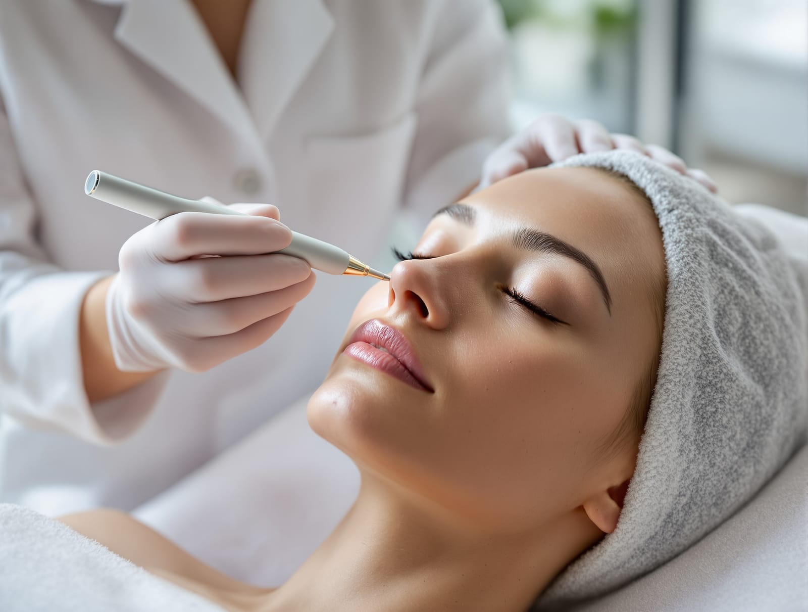 A clinician guiding a microneedling pen near a patient's under-eye in a bright clinic