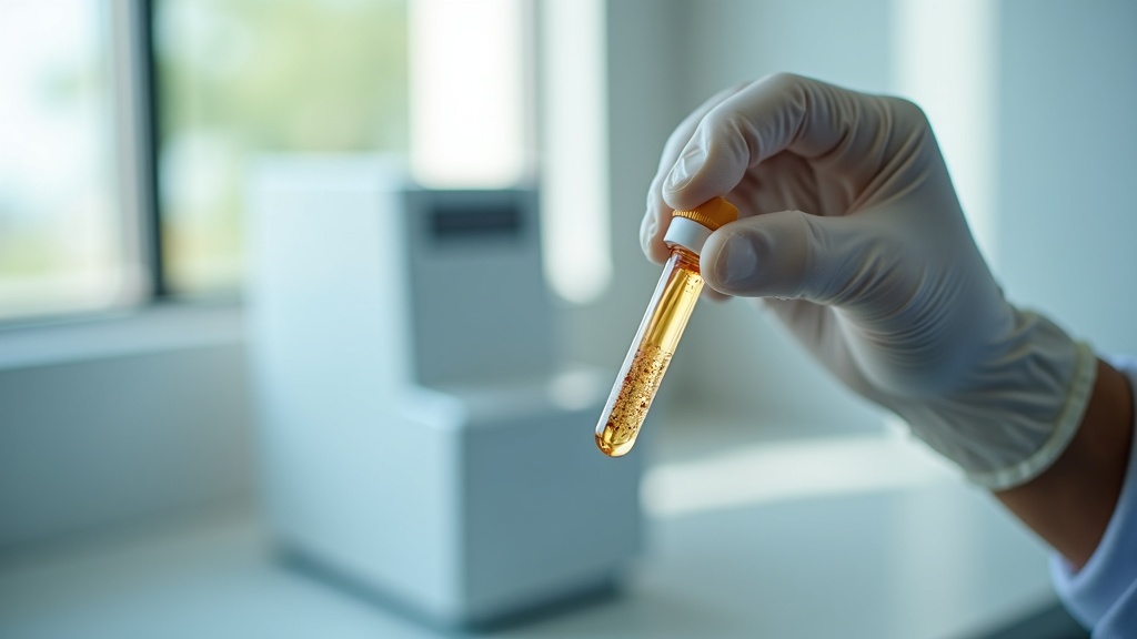 Centrifuge tubes of golden platelet-rich plasma held in a gloved hand in a bright clinic