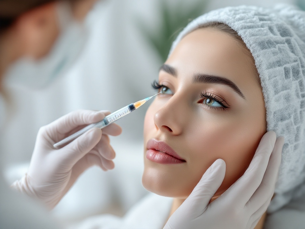 A clinician holding a fine syringe near a calm patient's under-eye area