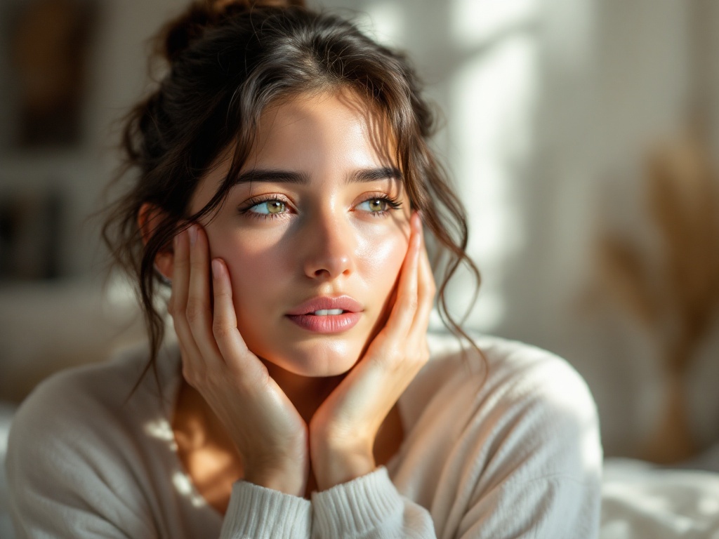 A person in morning light gently touching slightly puffy under-eyes